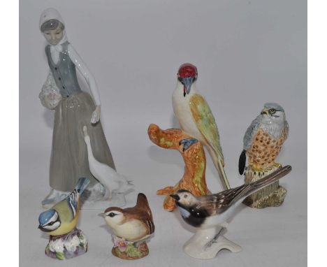 A Nao porcelain figure of a girl, h.24cm; together with a collection of porcelain bird models to include Mack, Gobels, Wade a