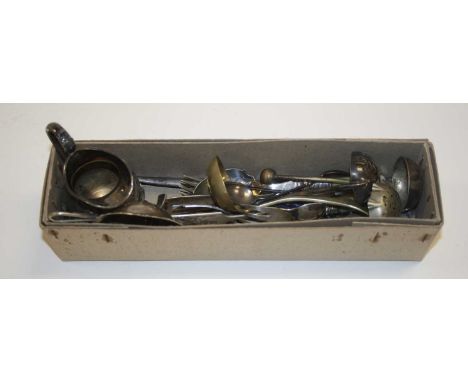 A box of metalware, to include a pair of silver sugar nips, four silver and enamelled teaspoons, plated flatware etc 