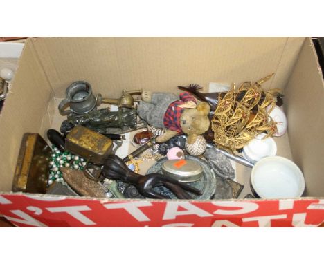 A box of miscellaneous items, to include a filigree model of a ship, eastern polished hardstone mirror, beaded necklace, foss