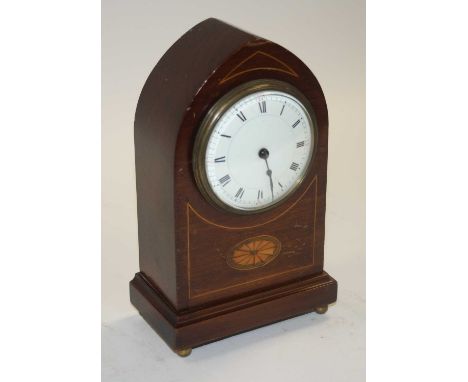 An Edwardian mahogany boxwood strung lancet mantel clock, the enamelled dial showing Roman numerals, h.23cm