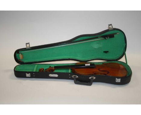 A vintage student's violin, casedLength 60cm.