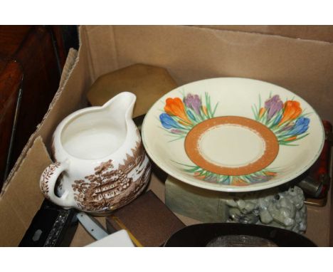 A box of miscellaneous items, to include a Victorian walnut table stationery cabinet, Clarice Cliff Crocus pattern saucer, an