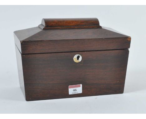 A mid-19th century rosewood tea caddy, of sarcophagus form, having mother of pearl escutcheon, w.25cm 