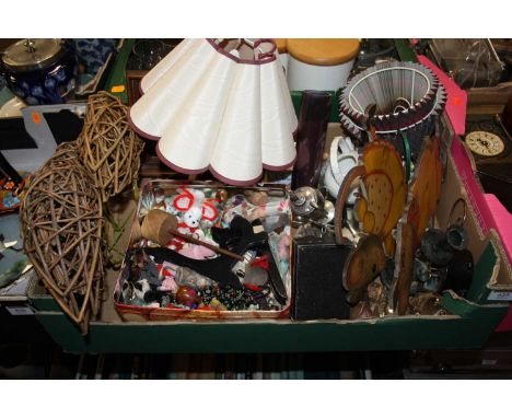 A box of miscellaneous items, to include ebonised cased travel clock, glass inkwells, resin bird figures etc 