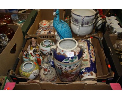 Three boxes of miscellaneous items, to include a pair of Japanese Taisho period vases, various Chinese 'mudman' type figures,