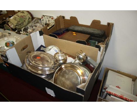 Two boxes of metalware, to include a pair of silver plated entree dishes, cased flatware sets etc 