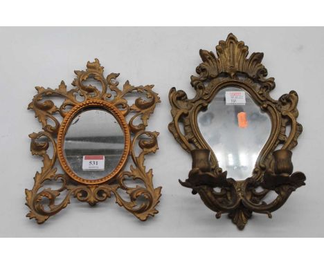 A Rococo style brass twin branch wall light; together with a Florentine style wall mirror, 29 x 20cm 