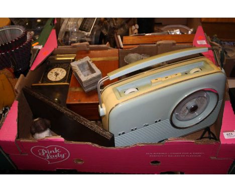 Two boxes of miscellaneous items, to include a mahogany and brass bound box, brass cased carriage clock, pair of polished soa