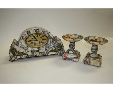 A 1930s polished hardstone eight-day clock garniture, h.23cmCondition is generally good. Some minute chips to the case but no