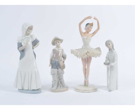 A Nao porcelain figure of a young girl, h.27cm; together with two other Nao porcelain figures; and a Franklin Mint Swan Lake 