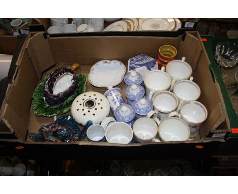 Four boxes of miscellaneous items, to include a 1970s Poole pottery two-tone part tea and dinner service, a Shelley butter di