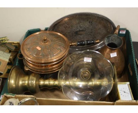 A box of various metal ware to include a 20th century brass cased 8-day carriage clock and a Victorian copper measuring jug