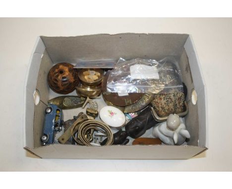 A box of miscellaneous items, to include a Nao porcelain figure of a boy, diecast model of a taxi, treen etc