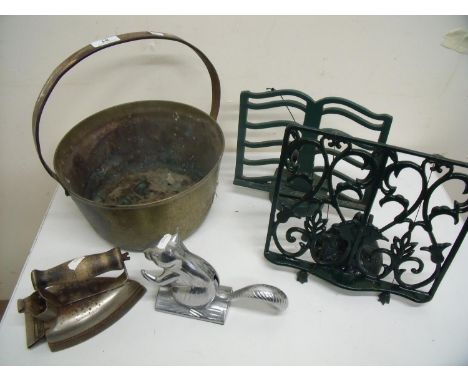 Brass jam pan, vintage iron, squirrel nutcracker and two cast metal book rests 