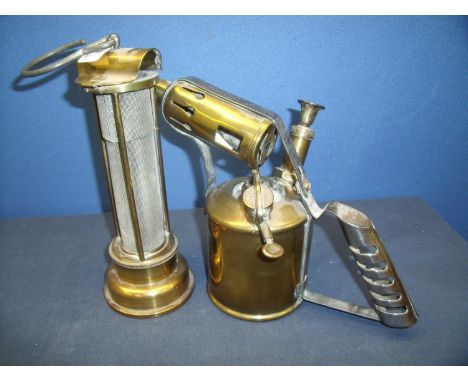 Welsh brass and meshwork miners style lamp and a Bladon of Birmingham brass blow torch (2) 