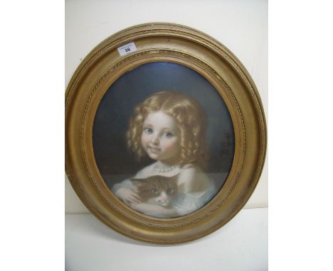 Oval gilt framed portrait of a young girl with cat (50cm x 60cm including frame) 