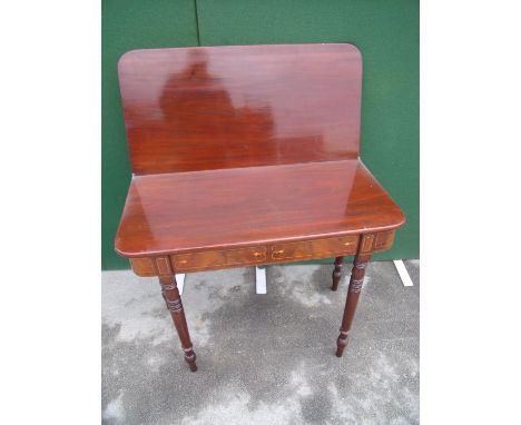 Mid Victorian fold over tea table with single gate leg and boxwood and herring bone inlay, on turned tapering legs 