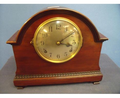 Early 20th C mahogany cased arched top mantel clock with brass dial and chiming movement 