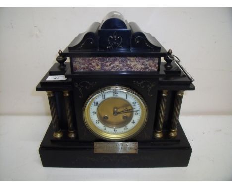Victorian black slate and marble presentation mantel clock 'For 29 Years Service' (height 30cm) 