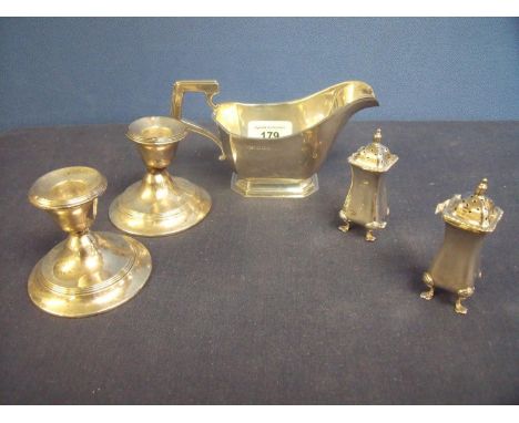 Birmingham 1938 silver hallmarked sauce boat, a pair of silver hallmarked pepperettes and a pair of silver hallmarked dwarf w