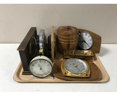 A tray containing wooden biscuit barrel, mantel clocks, barometer, cased Empire dominoes
