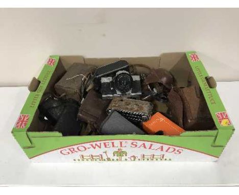 A box of vintage cameras including Zenit, Praktika, Blada etc 