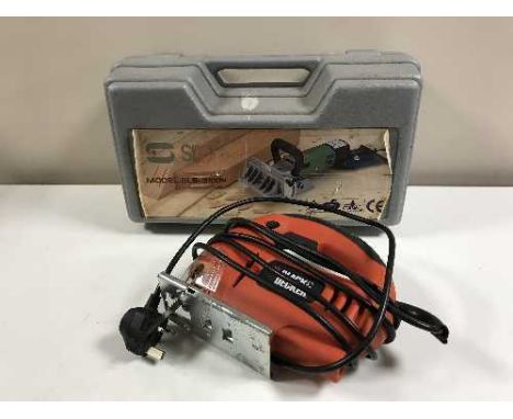 A box of Sealey bench grinder, Black & Decker jigsaw, bench vice, Sip biscuit jointer 