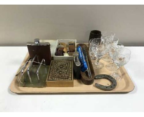 A tray containing marble table box, napkin rings, letter openers, compass, hip flask, glassware etc