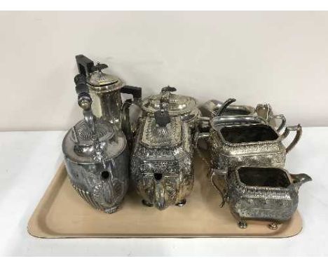 A tray of four piece plated tea service, teapot, etc (8)