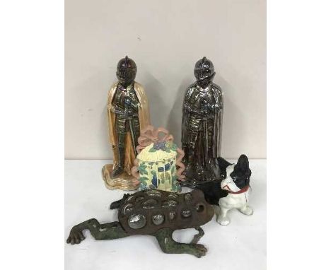 A tray of metal ware - two knight companion stands, metal door stop, A metal and glass frog tea light holder and a metal figu