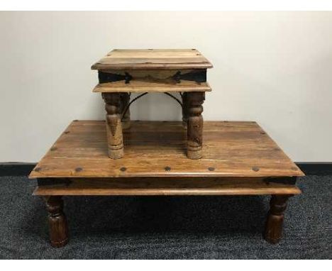 A Mexican pine coffee table and matching lamp table 