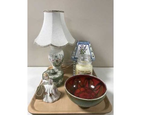 A tray containing Wedgwood jasper ware lidded powder bowl, Poole bowl, Aynsley table lamp with shade, Royal Doulton figurine,