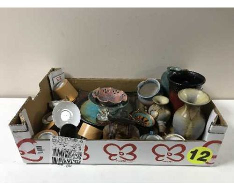 Three boxes of china, pottery and glass ware - Ringtons, vases, table lamp, snooker cue etc 