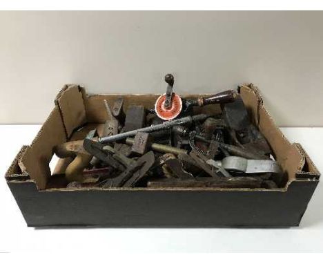 A box containing a quantity of vintage hand tools