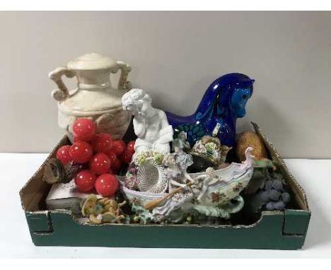 Two boxes containing lamp bases, continental china figures, toast rack, Wedgwood side plates etc
