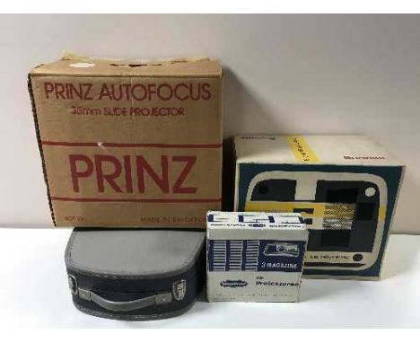 A large quantity of photographic and projector equipment including screens, projectors including Prinz, Kodak, projector stan