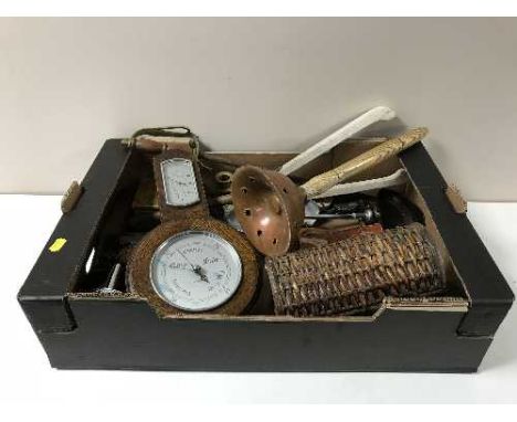 A box containing barometer, poss stick, wicker basket, fire poker, shoe stretcher etc, together with a box containing pub ash