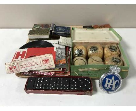 A tray of 45 records, pens, dominoes, cards, RAC badge, box of vintage Wisden tennis balls