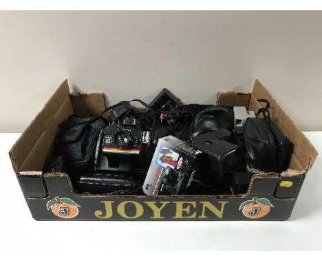 A box containing a quantity of assorted cameras including Samsung, Polaroid, Nikai, together with camera accessories