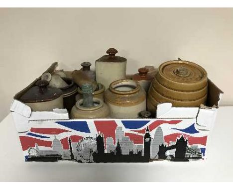 A box of stone ware kitchen jars, hot water bottles, glass drinks dispenser and three pottery jars and A tray of cloisonne li