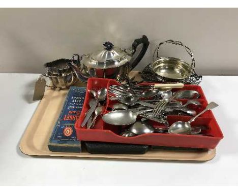 A tray of assorted table cutlery, plated tea service, nail clippers etc 