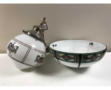 An Art Deco glass light shade and opaline pendant light fitting 