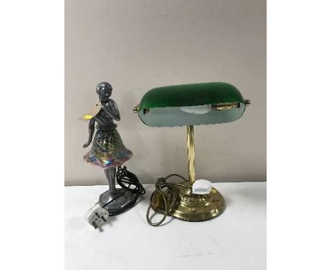 A brass companion set together with a banker's desk lamp and a metal Art Deco style table lamp