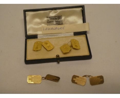 A pair of gentleman's 9ct gold cuff-links with engine turned decoration and a pair of unmarked Indian gold cuff-links with en