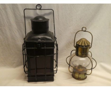 A painted metal square-section ship's hanging light with red glass lenses and one other brass ship's-style hanging light (2)