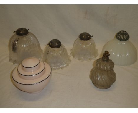 Six various old lamp/light shades including Art Deco pink-tinted stepped shade, frosted glass flame shade etc.