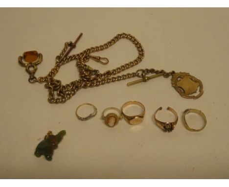 A selection of various jewellery including 9ct gold dress ring, gold-plated pocket watch chain etc.