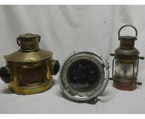 A small brass semi-circular nautical lamp by Davey &amp; Co. London, 10½" high; one other small copper lamp and a nautical co