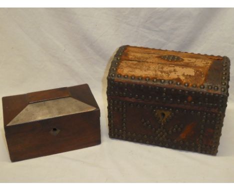 A Georgian domed table casket with leather covering and brass headed nails 10" long with key and a 19th century mahogany tea-