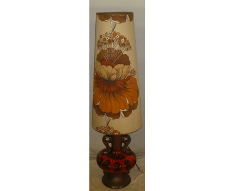 A 1960/70's West German floor lamp with orange and oxidised glaze decoration together with a tall contemporary shade, 51" hig